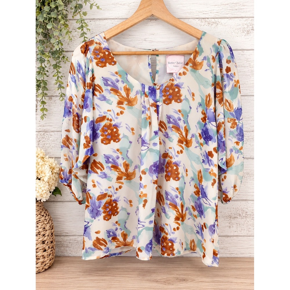 Romeo & Juliet Couture Blouse Womens Small Floral Sheer Sleeve Top
